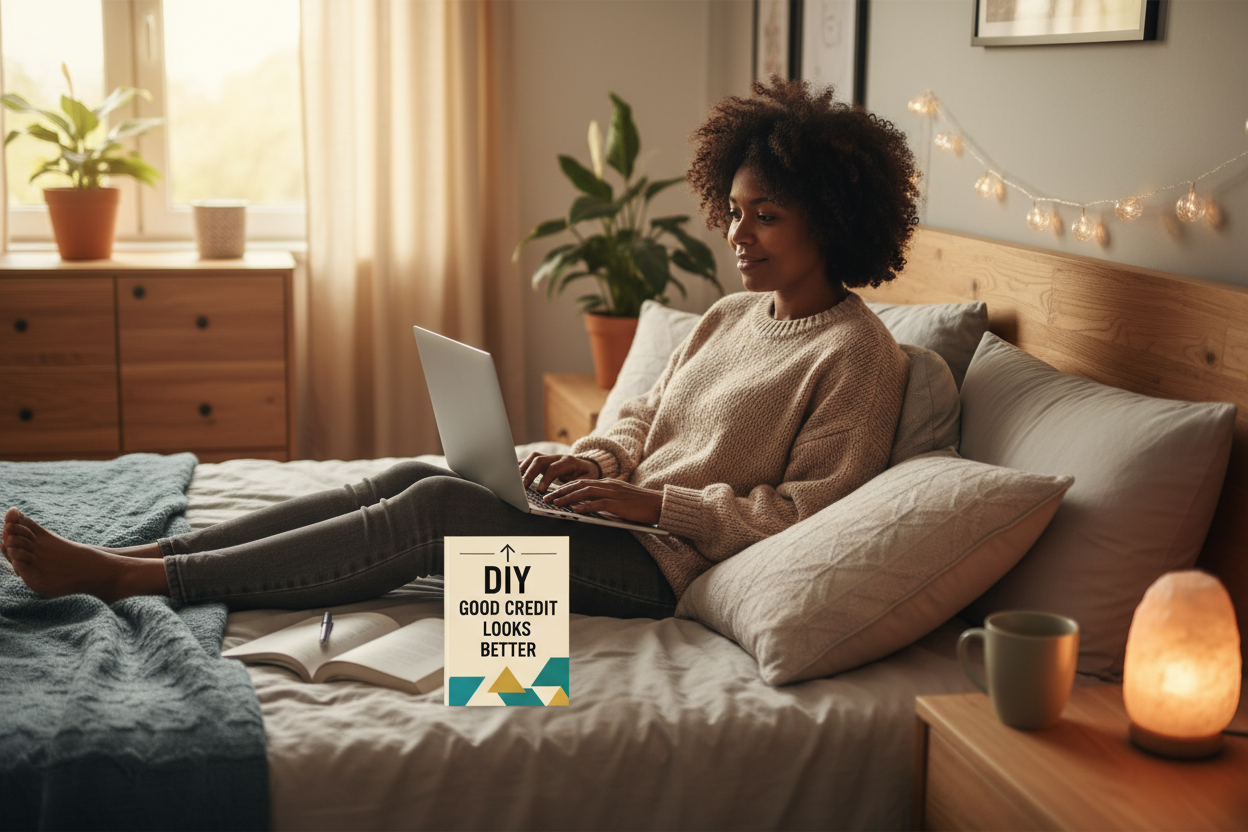 African-American person and their bedroom comfortable on their laptop or a iPad. They have a book beside them that says DIY good Credit looks-better. Be sure the book is very visible. this is an image of a person fixing their credit. I will be advertising this on my Shopify website, so it needs to be a small square size.