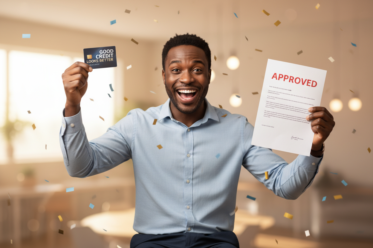 Create me a image ofAfrican-American person with their credit card that says good credit looks better and they also have an offer letter that says they are approved and they are very excited.